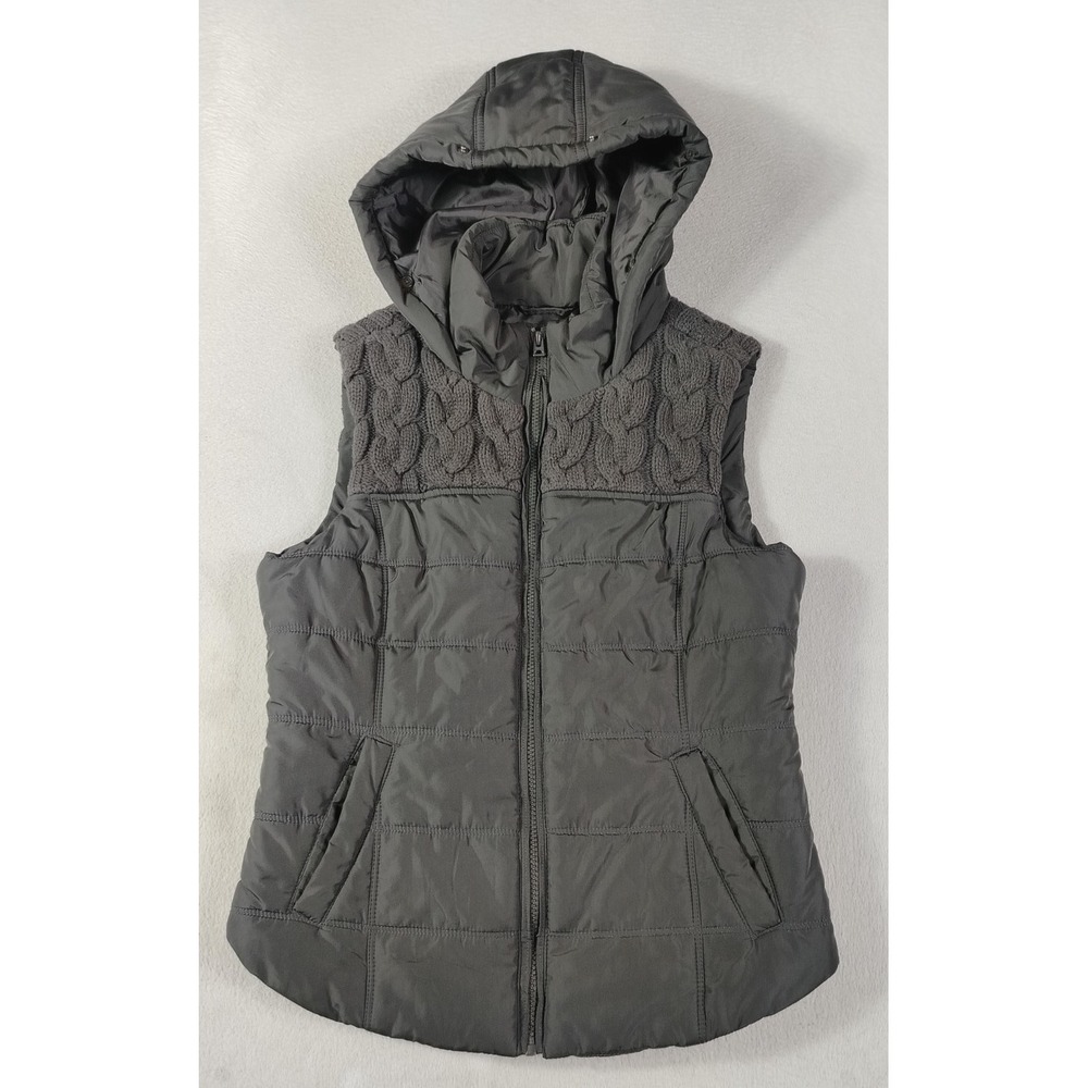 Aéropostale Vest Womens Medium Black Hooded Quilted Puffer Cable Knit Full Zip